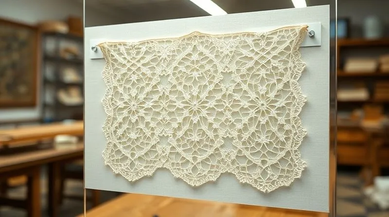 A photorealistic, professional photography shot of a delicate 19th-century Chantilly lace fragment, meticulously mounted on a pale, acid-free museum board, displayed under soft, archival-quality lighting within a glass display case. Sharp focus on the intricate pattern of the lace, with a subtle depth of field blurring the background of a historical textile laboratory, 8K hyper-detailed.