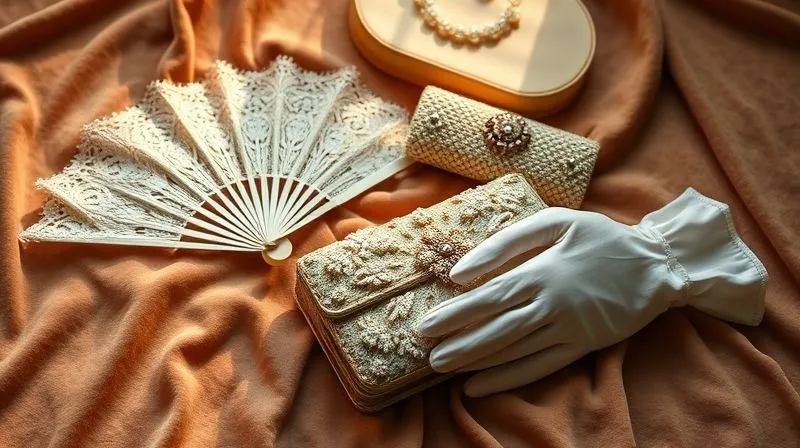 A photorealistic, professional photography shot of various delicate vintage accessories – a lace fan, a beaded clutch, and silk gloves – arranged artfully on a velvet cloth, bathed in soft, diffused light, 8K, cinematic lighting, sharp focus, depth of field, shot on a high-end DSLR, evoking elegance and fragility.