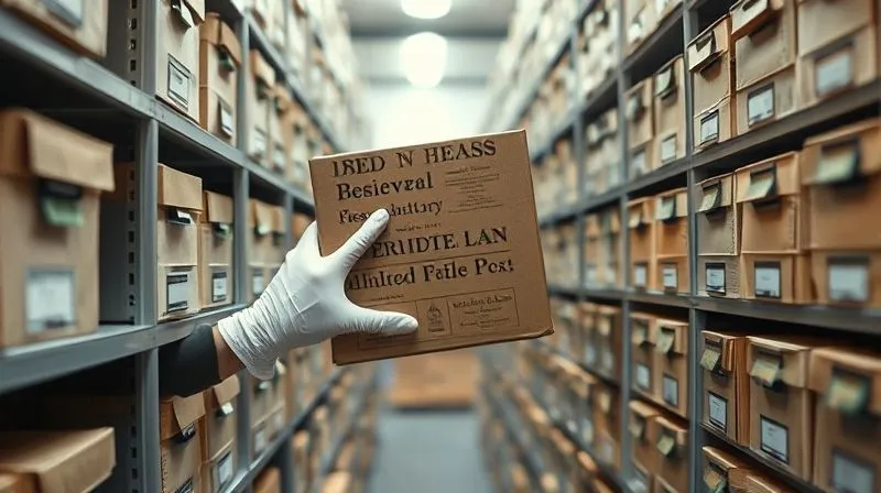 A photorealistic, professional photography shot of a meticulously organized archival storage room, with rows of acid-free boxes and controlled lighting. A conservator in white gloves is carefully placing a vintage textile box on a shelf. 8K, cinematic lighting, sharp focus, depth of field, shot on a high-end DSLR, conveying order and preservation.