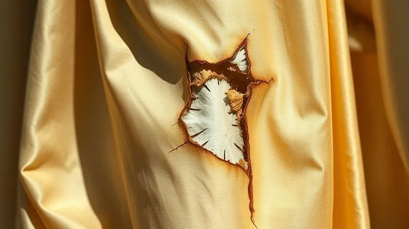 A photorealistic close-up of a section of a historically significant vintage silk gown showing clear signs of sun damage, with faded colors and brittle, cracked fibers. Harsh, direct light highlights the damage. Professional photography, 8K, cinematic lighting, sharp focus, depth of field, shot on a high-end DSLR.
