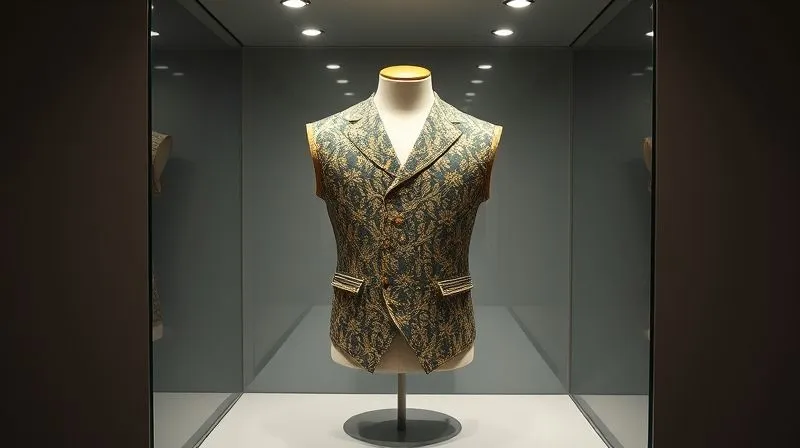 A photorealistic, elegant, minimalist museum display case with a rare, intricately patterned 18th-century brocade waistcoat displayed on a custom-fitted, padded form. The case is made of clear, UV-filtered glass with subtle, integrated LED lighting from above, casting soft, even illumination. The background is a muted, neutral tone, emphasizing the garment. Professional photography, 8K, cinematic lighting, sharp focus, depth of field, shot on a high-end DSLR.