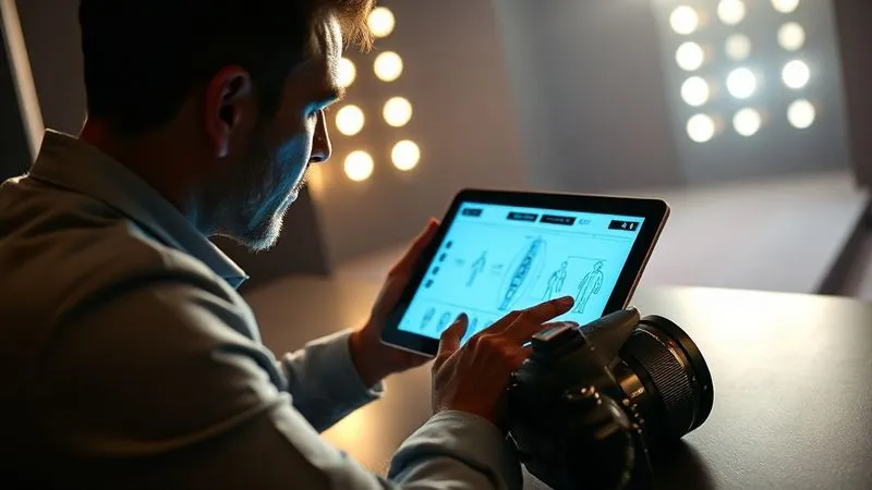 A photorealistic, professional photography shot of a fashion photographer in a dimly lit backstage area, intently reviewing a detailed runway layout and model walk notes on a tablet. The tablet screen glows with a blueprint of the stage, highlighting key points. The photographer's face is concentrated, with a high-end DSLR camera resting on a table beside them. Cinematic lighting casts soft shadows, emphasizing the focused preparation. Sharp focus on the tablet and photographer, depth of field subtly blurring the background. 8K hyper-detailed, shot on a high-end DSLR.