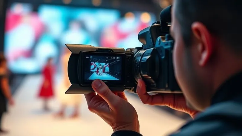A photorealistic, professional photography shot of a photographer's hands holding a high-end DSLR, intently reviewing a sequence of burst mode shots on the camera's large, bright LCD screen. The screen displays multiple frames of a model in motion on a runway, with one frame clearly highlighted as the sharpest 'peak moment'. The background is subtly blurred, suggesting the fast-paced environment of a fashion show. Cinematic lighting illuminates the screen and the photographer's focused expression. Sharp focus on the camera and screen details, depth of field blurring the surrounding. 8K hyper-detailed, shot on a high-end DSLR.
