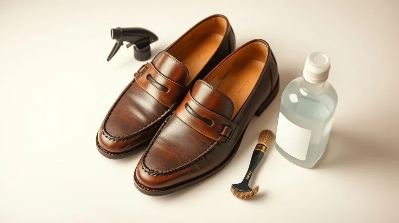 A photorealistic, professional photography shot of a pair of well-worn but meticulously cleaned luxury leather loafers, with a soft horsehair brush and a specialized leather cleaner bottle positioned neatly beside them on a clean, light-colored surface. The scene features soft, natural lighting, sharp focus on the shoes and tools, and a shallow depth of field. 8K hyper-detailed, shot on a high-end DSLR.