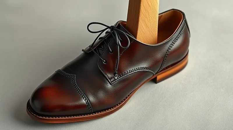 A photorealistic, professional photography shot of a perfectly fitted, unvarnished cedar shoe tree inserted into a gleaming, dark brown luxury leather Oxford shoe. The shoe is placed on a smooth, understated surface, with soft, directional lighting highlighting the texture of both the cedar and the leather. A subtle vapor or cool air effect is visible around the shoe, metaphorically representing humidity control. Sharp focus on the shoe tree and shoe, with a clean, blurred background. 8K hyper-detailed, shot on a high-end DSLR.
