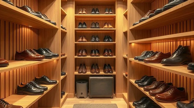 A photorealistic, professional photography shot of a meticulously organized and well-lit luxury walk-in closet, with several pairs of high-end leather shoes neatly arranged on cedar-slatted shelves. Each shoe is fitted with a cedar shoe tree and housed in a breathable cotton dust bag. A small, discreet dehumidifier is visible in the corner, and the overall atmosphere is clean, airy, and inviting. Cinematic lighting highlights the textures of the leather and wood, with sharp focus and a wide depth of field. 8K hyper-detailed, shot on a high-end DSLR.