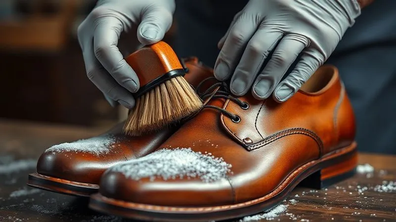 A photorealistic, professional photography, 8K, cinematic lighting, sharp focus, depth of field shot on a high-end DSLR, showing a pair of vintage leather Oxford shoes being meticulously cleaned with a soft horsehair brush by a pair of gloved hands, with a gentle light highlighting the texture of the leather and the dust particles being removed.