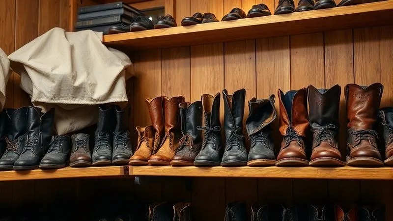 A photorealistic, professional photography, 8K, cinematic lighting, sharp focus, depth of field shot on a high-end DSLR, showcasing a collection of vintage leather boots and shoes neatly arranged on wooden shelves in a well-ventilated, softly lit storage room, with breathable cotton bags covering some pairs, emphasizing order and care.