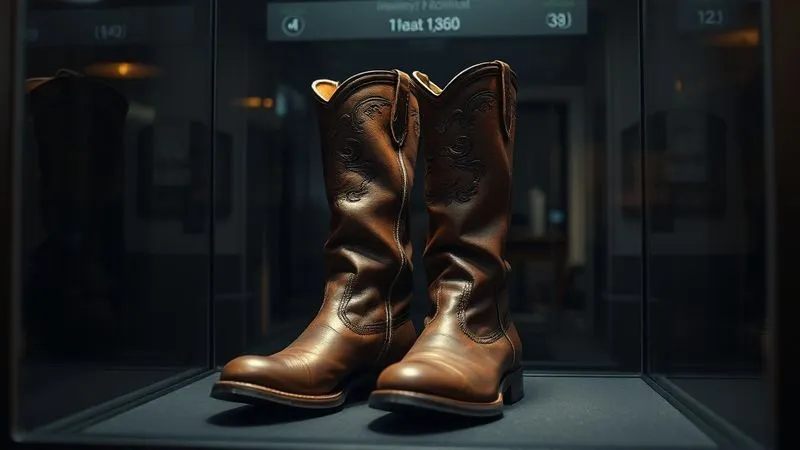 A photorealistic, professional photography, 8K, cinematic lighting, sharp focus, depth of field shot on a high-end DSLR, depicting a pair of rare, exquisitely detailed vintage leather riding boots meticulously displayed within a modern, climate-controlled glass cabinet, with subtle digital readouts of humidity and temperature visible, symbolizing advanced preservation.