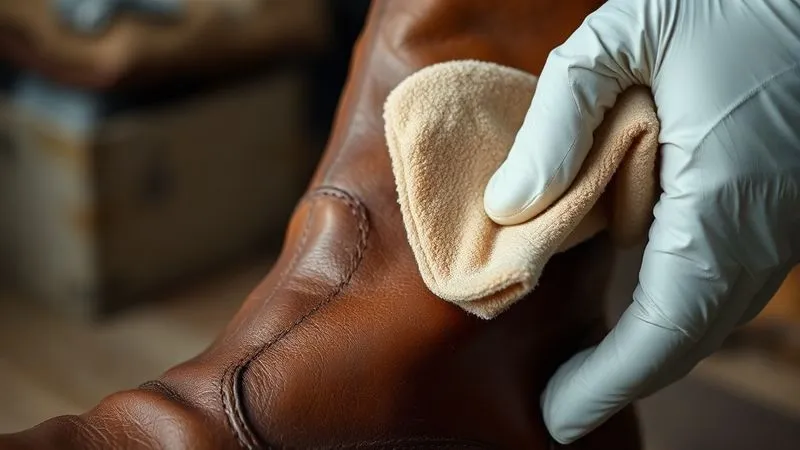 A photorealistic, professional photography, 8K, cinematic lighting, sharp focus, depth of field shot on a high-end DSLR, showing a close-up of a vintage leather boot with a subtle patch of mold, being gently wiped by a gloved hand holding a soft cloth, emphasizing careful restoration and attention to detail.