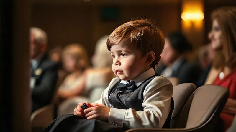 A photorealistic, professional photography, 8K, cinematic lighting, sharp focus, depth of field, shot on a high-end DSLR. Image depicts a young child, perhaps 6-8 years old, dressed in comfortable yet elegant formal attire, sitting peacefully in a softly lit, quiet corner of a bustling formal event. They might be gently interacting with a small, discreet fidget toy or looking calmly out a window. The background shows the blurred activity of the event, but the child is clearly in a serene, designated 'safe space,' conveying a sense of calm and managed sensory input.