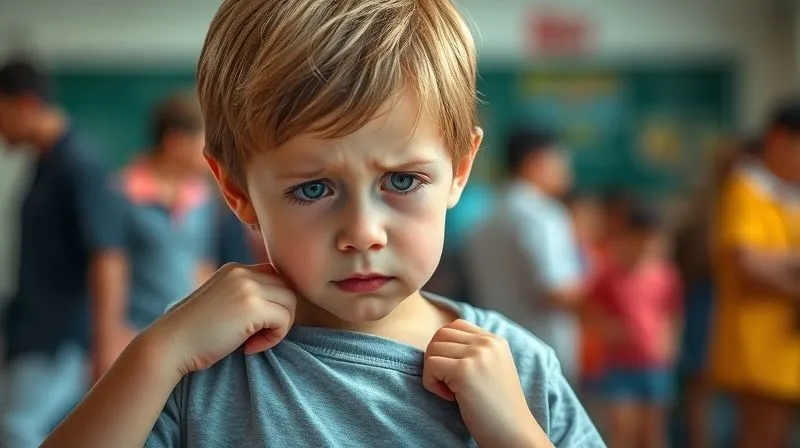 A child, around 6 years old, looking visibly distressed and pulling at the collar of their t-shirt, with a blurred background suggesting a busy environment like a school playground or bustling home. Photorealistic, professional photography, 8K, cinematic lighting, sharp focus, depth of field, shot on a high-end DSLR.