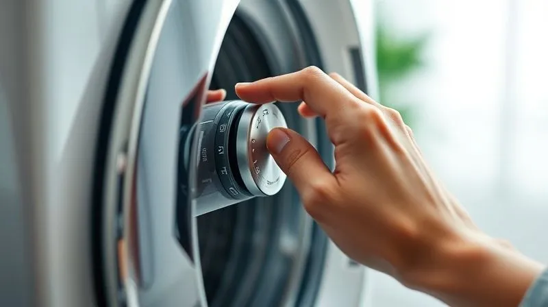 A photorealistic, professional photography, 8K, cinematic lighting, sharp focus, depth of field, shot on a high-end DSLR, of a modern washing machine control panel, with a hand gently pressing the 'Delicate' cycle button, the display showing 'Cold Wash'. The background is subtly blurred, suggesting a clean, minimalist laundry room.