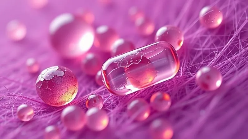 A highly magnified, photorealistic image of thermochromic dye microcapsules embedded in textile fibers, with some capsules appearing cracked or degraded, while others are intact. The image uses cinematic lighting, sharp focus, depth of field, 8K, shot on a high-end DSLR, conveying scientific vulnerability.