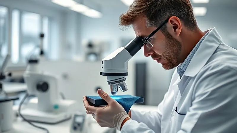 A photorealistic, professional photography, 8K, cinematic lighting, sharp focus, depth of field, shot on a high-end DSLR. A textile scientist meticulously examining a thermochromic fabric swatch under a microscope in a brightly lit, modern laboratory, with various testing equipment in the background, conveying precision and scientific rigor.