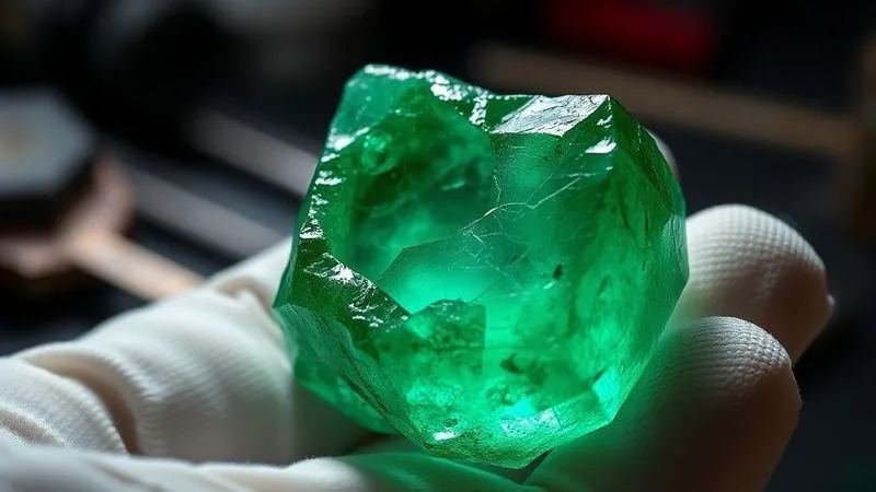 A close-up, photorealistic macro shot of a rough emerald crystal, showing visible internal fractures and cleavage planes under intense, focused light. The crystal is held gently by a gemologist's gloved hand, with precision tools blurred in the background. Professional photography, 8K, cinematic lighting, sharp focus, depth of field.