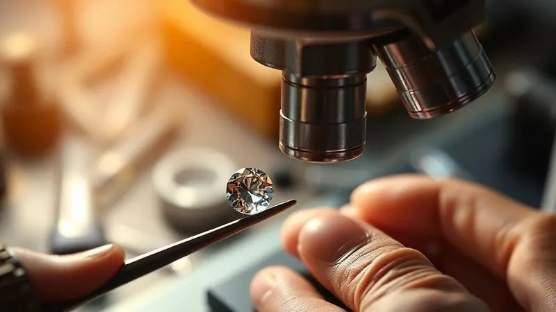 A highly detailed, photorealistic close-up of a gemologist's hands using a professional gemological microscope to examine a small, intricate gemstone. The stone is held in tweezers, and the microscope's eyepiece is visible, with a focused beam of light illuminating the gem. The background shows blurred gemological tools and equipment. Professional photography, 8K, cinematic lighting, sharp focus, depth of field.