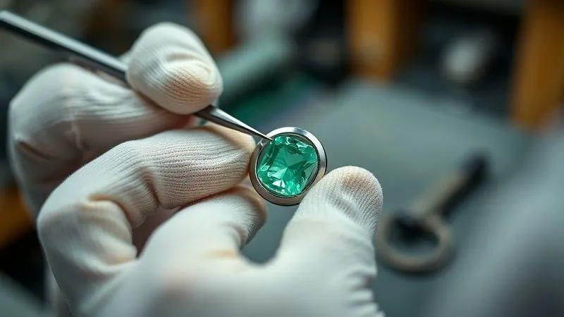 A photorealistic close-up of a master jeweler's hands, wearing protective finger cots, carefully adjusting a bezel setting around a delicate, vibrant emerald. The setting tool is poised, showing precision and gentle pressure. The background is a blurred, professional workshop. Professional photography, 8K, cinematic lighting, sharp focus, depth of field.