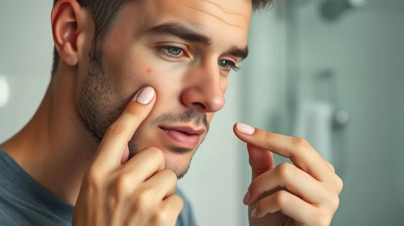 A photorealistic close-up of a man gently applying a clear spot treatment gel to a small, red blemish on his cheek using his fingertip, in a well-lit, minimalist bathroom. His expression is focused and calm. Cinematic lighting, sharp focus on the application, depth of field blurring the background. 8K hyper-detailed, professional photography, shot on a high-end DSLR.