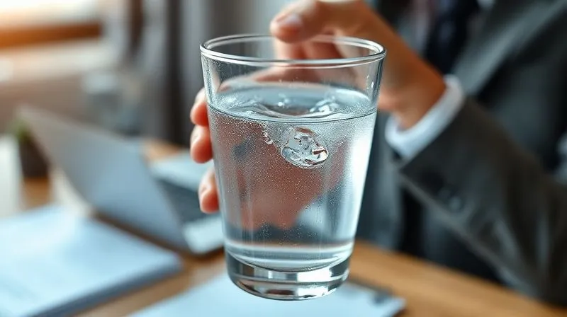 A photorealistic close-up of a man's hand holding a sleek, clear glass of water with condensation, against a blurred background of office documents and a laptop. The focus is on the refreshing water, suggesting hydration amidst a busy work environment. Cinematic lighting, sharp focus, depth of field. 8K hyper-detailed, professional photography, shot on a high-end DSLR.