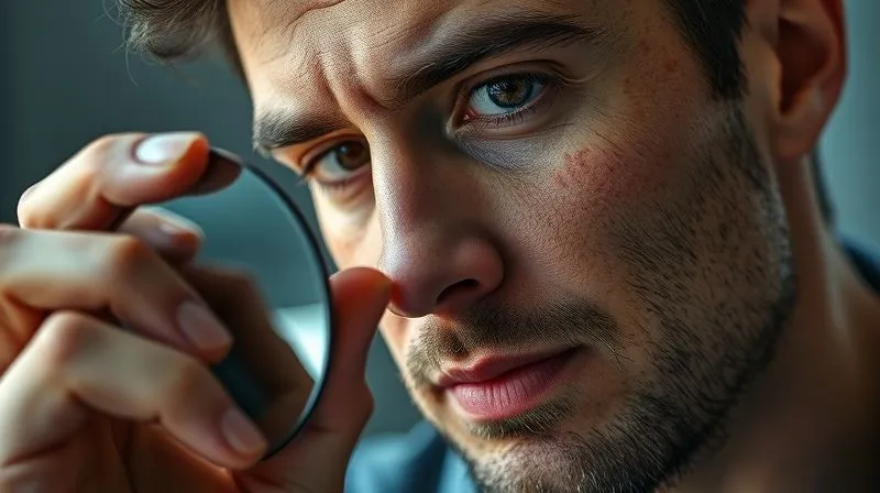 A photorealistic close-up of a man, mid-30s, subtly applying a small amount of concealer to a minor blemish on his cheekbone using his fingertip. The concealer is almost imperceptible, blending seamlessly with his natural skin tone. He is looking into a compact mirror with a focused, professional expression. Cinematic lighting, sharp focus on the application, depth of field. 8K hyper-detailed, professional photography, shot on a high-end DSLR.