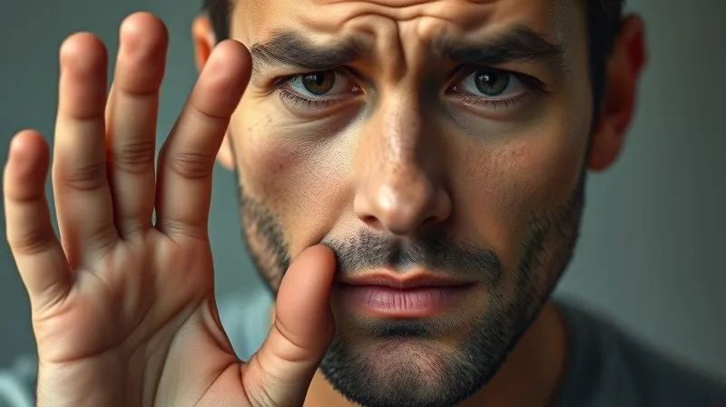 A photorealistic close-up of a man's hand reaching towards his face with a concerned expression, but hesitating just before touching a blemish, symbolizing the act of resisting picking. The background is slightly blurred, focusing on the hand and face. Cinematic lighting, sharp focus, depth of field. 8K hyper-detailed, professional photography, shot on a high-end DSLR.