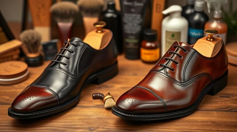 A beautifully arranged, photorealistic image of two pairs of highly polished, well-maintained Goodyear-welted dress shoes, each resting on cedar shoe trees, with various premium shoe care products (brushes, polishes, conditioners) neatly organized in the background. Cinematic lighting, sharp focus, depth of field, conveying luxury and meticulous care. Shot on a high-end DSLR, 8K hyper-detailed.