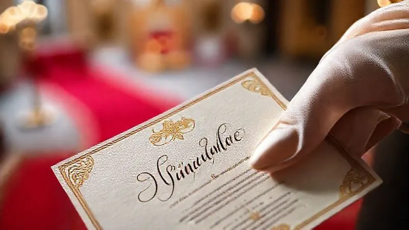 photorealistic, professional photography, 8K, cinematic lighting, sharp focus, depth of field, shot on a high-end DSLR. A luxurious invitation card with elegant calligraphy, partially obscured by a delicate silk glove, hinting at a grand event. In the background, a subtle, blurred image of an iconic red carpet location, conveying anticipation and exclusivity.