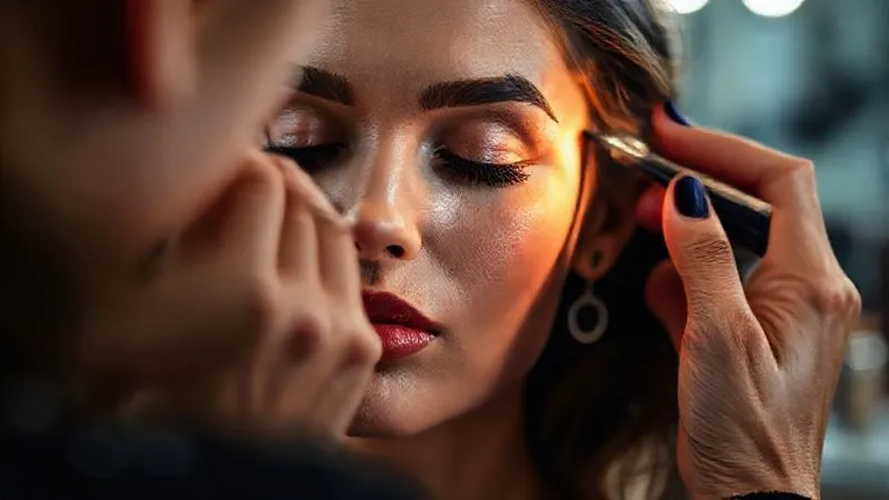 photorealistic, professional photography, 8K, cinematic lighting, sharp focus, depth of field, shot on a high-end DSLR. A close-up of a glamorous woman's face, her eyes closed in serene focus as a professional makeup artist delicately applies a final touch of highlighter. The background is softly blurred, showing hints of luxury styling tools and garments, emphasizing the meticulous preparation for a grand event.