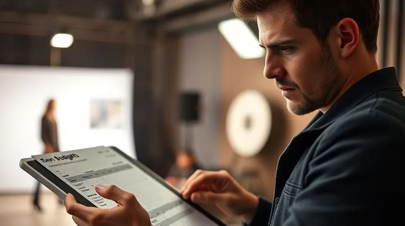 A photorealistic image of a professional fashion photographer looking determined while reviewing a complex budget spreadsheet on a tablet, with a blurred high-fashion shoot happening in the background, cinematic lighting, sharp focus on the photographer's face, depth of field, 8K, shot on a high-end DSLR, conveying the challenge and focus of budget management.