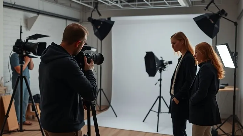 A photorealistic image of a highly organized fashion photography set, with a small, efficient crew working synchronously, a photographer directing a model with a single, strategically placed professional lighting setup, minimal clutter, cinematic lighting, sharp focus on the collaborative effort, depth of field, 8K, shot on a high-end DSLR, conveying efficiency and teamwork.