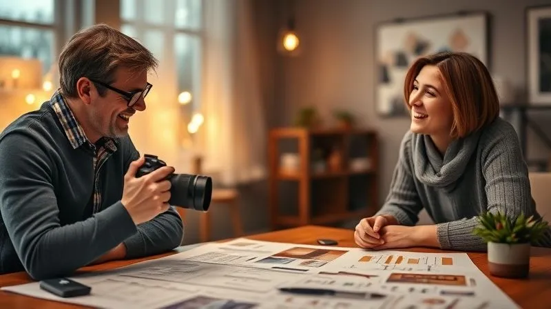 A photorealistic image of a photographer and a client engaging in a friendly, professional discussion over a beautifully laid-out mood board, both smiling and gesturing towards creative ideas, warm, inviting cinematic lighting, sharp focus on their interaction, depth of field, 8K, shot on a high-end DSLR, conveying strong client collaboration and trust.