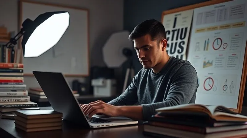 A photorealistic image of a professional fashion photographer studying new lighting techniques on a laptop, surrounded by photography books and a mood board, a single softbox light illuminating the scene, cinematic lighting, sharp focus on the laptop screen, depth of field, 8K, shot on a high-end DSLR, conveying continuous learning and professional development.