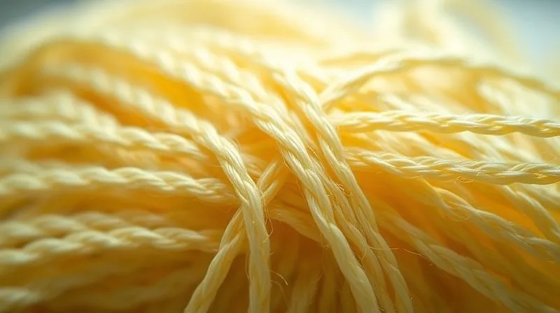Photorealistic professional photography of tightly woven yarn strands under a microscope, showing individual fibers securely interlocked. Cinematic lighting highlights the intricate texture and strength of the yarn, with a blurred background of raw recycled plastic pellets. 8K hyper-detailed.