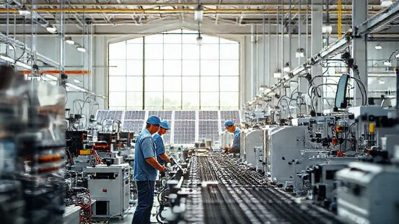 A professional, photorealistic interior shot of a modern, clean accessory production facility. Workers are interacting with efficient, automated machinery under bright, energy-efficient lighting. Solar panels are visible through a large window in the background. Cinematic lighting, sharp focus on the production line, depth of field, 8K hyper-detailed.
