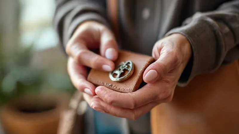 A professional, photorealistic close-up of hands gently holding a beautifully crafted, sustainable accessory (e.g., a hand-stitched leather bag or a piece of recycled metal jewelry). The background is softly blurred with a warm glow, suggesting authenticity and care. Cinematic lighting, sharp focus on the hands and accessory, depth of field, 8K hyper-detailed.