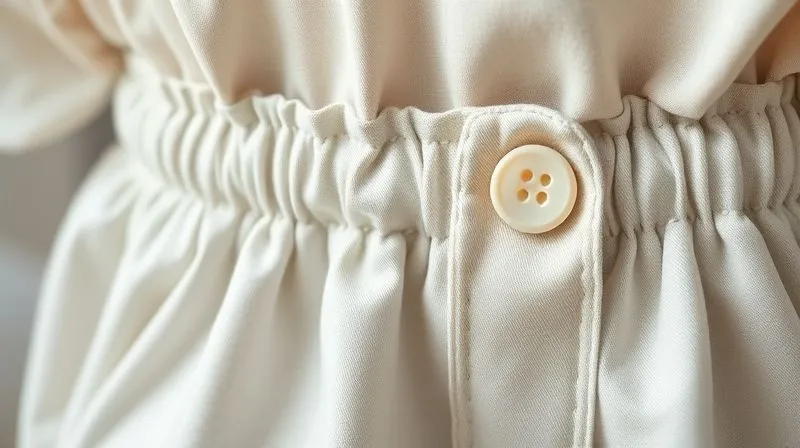 A photorealistic close-up of a perfectly constructed 'grow-with-me' children's garment, showing subtle, integrated adjustable features like a hidden snap placket or an elasticized waistband with internal buttons, sharp focus on the meticulous stitching and high-quality fabric texture, cinematic lighting, 8K hyper-detailed, professional photography.