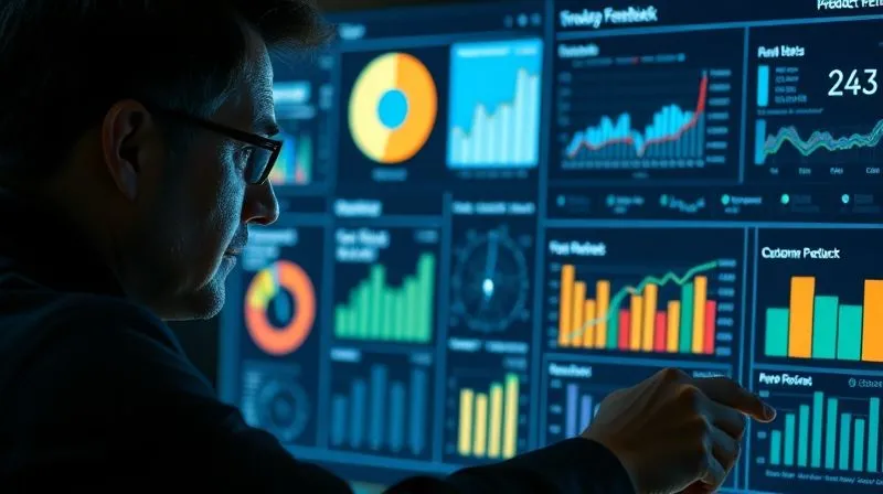 A photorealistic image of a data analyst intently examining a glowing digital dashboard displaying various charts and graphs related to product returns and customer feedback, with specific metrics highlighted, cinematic lighting, sharp focus, 8K hyper-detailed, professional photography.
