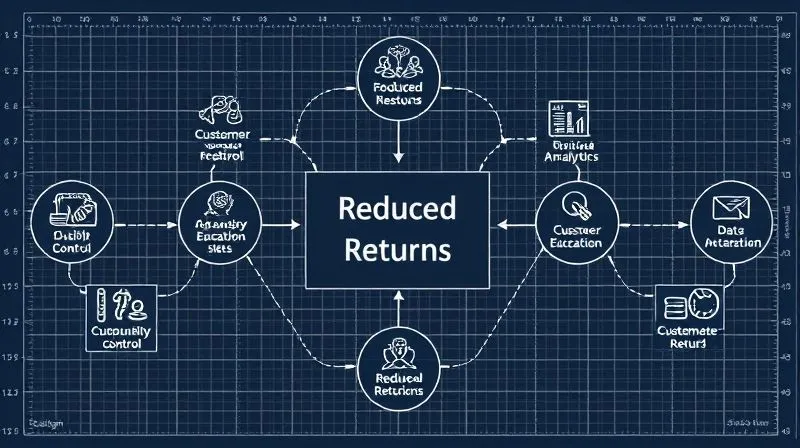 A photorealistic image of a seamless workflow diagram or a blueprint for a sustainable fashion brand, with interconnected elements representing design, quality control, customer education, and data analytics, all leading to a central goal of 'Reduced Returns', professional photography, 8K, cinematic lighting, sharp focus.