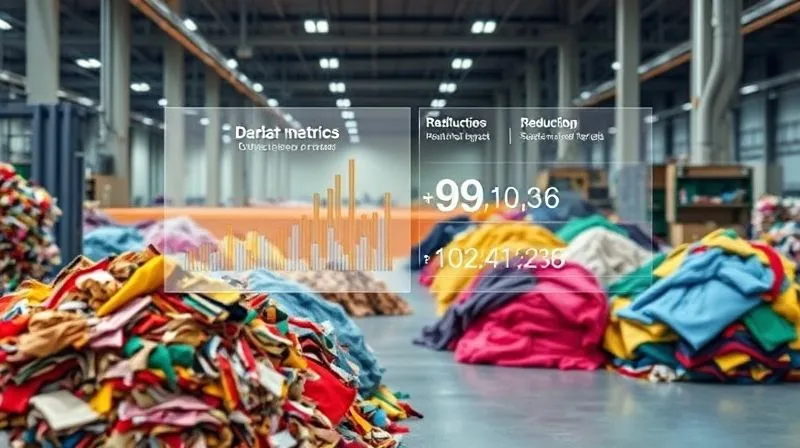 A photorealistic, professional photography, 8K, cinematic lighting, sharp focus, depth of field, shot on a high-end DSLR, showing a factory floor with piles of colorful fabric scraps categorized by material type, with a digital tablet overlay displaying waste metrics and reduction targets, conveying efficiency and data-driven sustainability efforts.