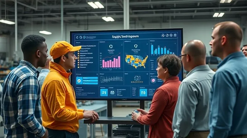A photorealistic, professional photography, 8K, cinematic lighting, sharp focus, depth of field, shot on a high-end DSLR, showing a diverse group of people (designers, factory workers, logistics managers) collaboratively reviewing a digital supply chain dashboard on a large screen, symbolizing transparency and teamwork in sustainable apparel manufacturing, with a modern, clean aesthetic.