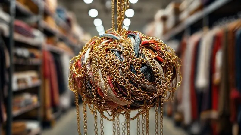 A photorealistic image of a tangled knot of delicate gold chains and silk scarves, visually representing complex inventory problems. The background is a blurred, organized retail stockroom, emphasizing the contrast. Shot on a high-end DSLR, 8K, cinematic lighting, sharp focus on the tangled accessories, depth of field.
