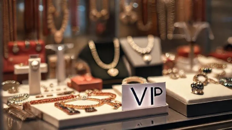 A photorealistic image of a beautifully arranged women's accessory display, with a subtle 'VIP' sign in the foreground. The accessories are elegantly lit, suggesting exclusivity and luxury. Shot on a high-end DSLR, 8K, cinematic lighting, sharp focus on the display, depth of field.