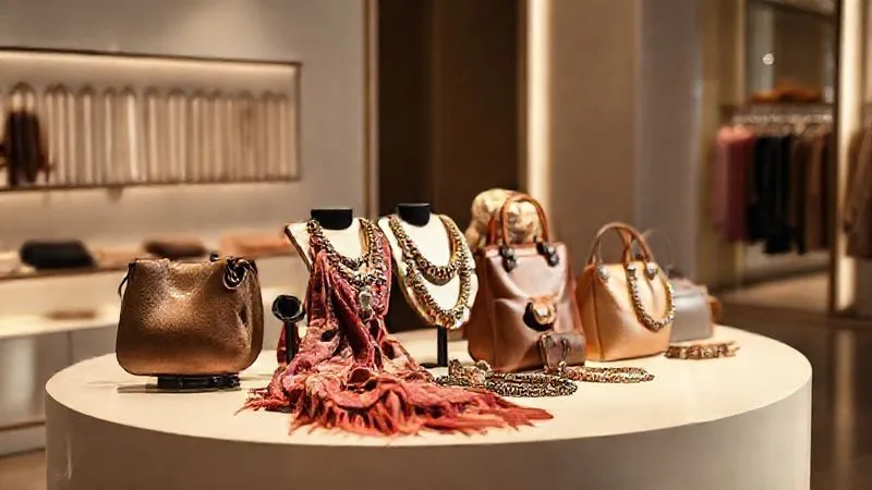 A photorealistic image of a beautifully styled display of women's accessories (necklaces, scarves, handbags) on a minimalist, elegant pedestal in a high-end boutique. Soft, directional lighting highlights the textures and details, making each piece appear desirable. Shot on a high-end DSLR, 8K, cinematic lighting, sharp focus on the accessories, depth of field.