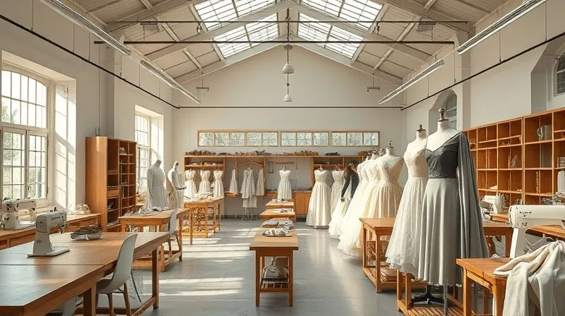 photorealistic, professional photography, 8K, cinematic lighting, sharp focus, depth of field, shot on a high-end DSLR. A serene, impeccably organized haute couture atelier flooded with natural light, featuring elegant wooden workbenches, delicate fabrics draped over mannequins, and an array of traditional and modern tools. The atmosphere is one of focused creativity and calm, with a few artisans subtly working in the background, conveying a sense of collaborative excellence.