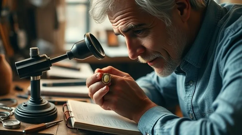 photorealistic, professional photography, 8K, cinematic lighting, sharp focus, depth of field, shot on a high-end DSLR. A vintage enthusiast meticulously examining an antique cameo brooch under a jeweler's loupe, with a notebook and various magnifying tools scattered on a wooden workbench. Soft, warm light illuminates the intricate details of the brooch and the focused expression of the person.