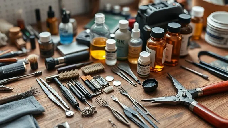 photorealistic, professional photography, 8K, cinematic lighting, sharp focus, depth of field, shot on a high-end DSLR. A neatly organized workbench with an array of vintage restoration tools: small brushes, microfiber cloths, jeweler's loupe, various mild cleaning solutions in amber glass bottles, and delicate pliers. The tools are clean and well-maintained, suggesting expertise and precision.