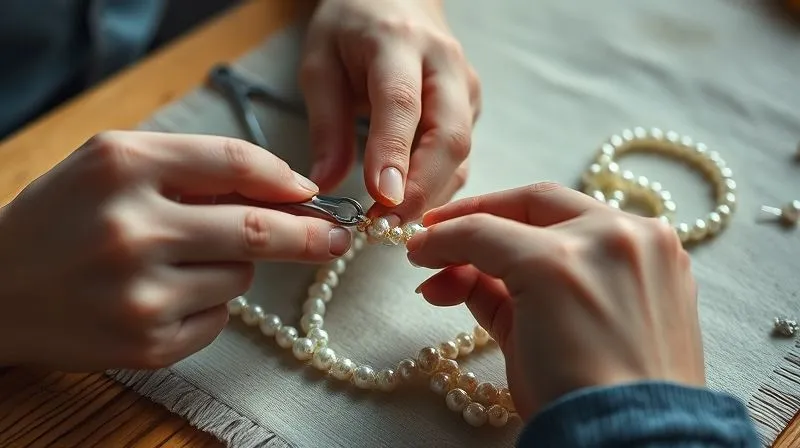 photorealistic, professional photography, 8K, cinematic lighting, sharp focus, depth of field, shot on a high-end DSLR. A skilled artisan's hands carefully reattaching a delicate clasp to a vintage pearl necklace, with small tools and a velvet mat on a wooden table. The focus is on the intricate work, conveying precision and patience.