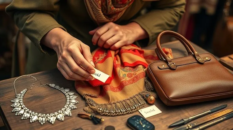 photorealistic, professional photography, 8K, cinematic lighting, sharp focus, depth of field, shot on a high-end DSLR. A vintage seller meticulously arranging a display of beautifully restored vintage accessories – a gleaming silver necklace, a vibrant silk scarf, and a polished leather handbag – on a rustic wooden table at a high-end market stall. The items are individually lit, highlighting their quality and appeal, with a 'Sold' tag subtly visible on one item.