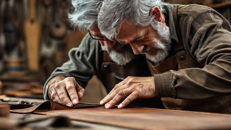 A photorealistic image of a seasoned, grey-haired artisan with calloused hands, gently guiding the hands of a younger apprentice over a piece of fine leather, both focused intently on the intricate work. Soft, warm cinematic lighting, sharp focus on their hands and the leather, depth of field blurring the background of a traditional workshop, 8K hyper-detailed.